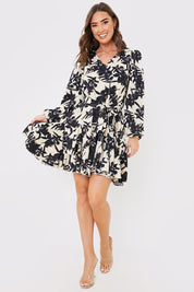 V Neck Balloon Sleeve Godet Mini Dress