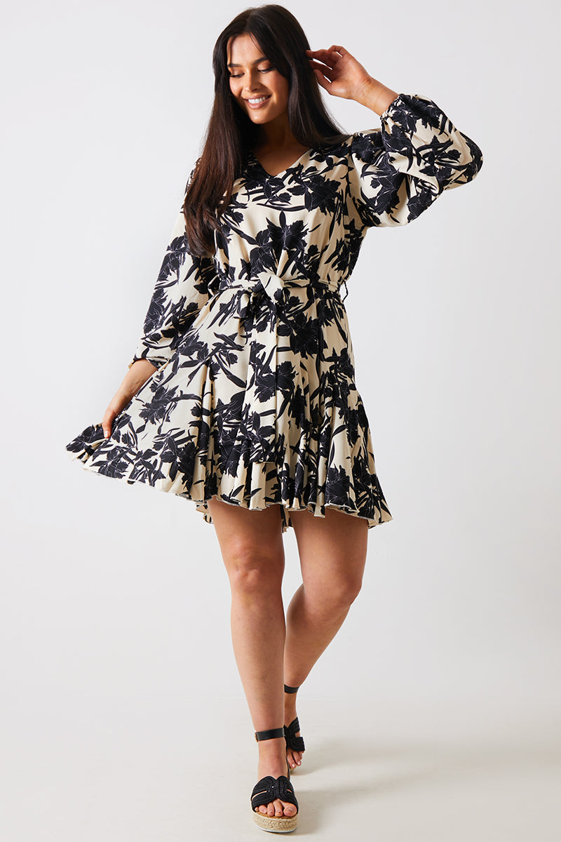 V Neck Balloon Sleeve Godet Mini Dress