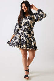 V Neck Balloon Sleeve Godet Mini Dress