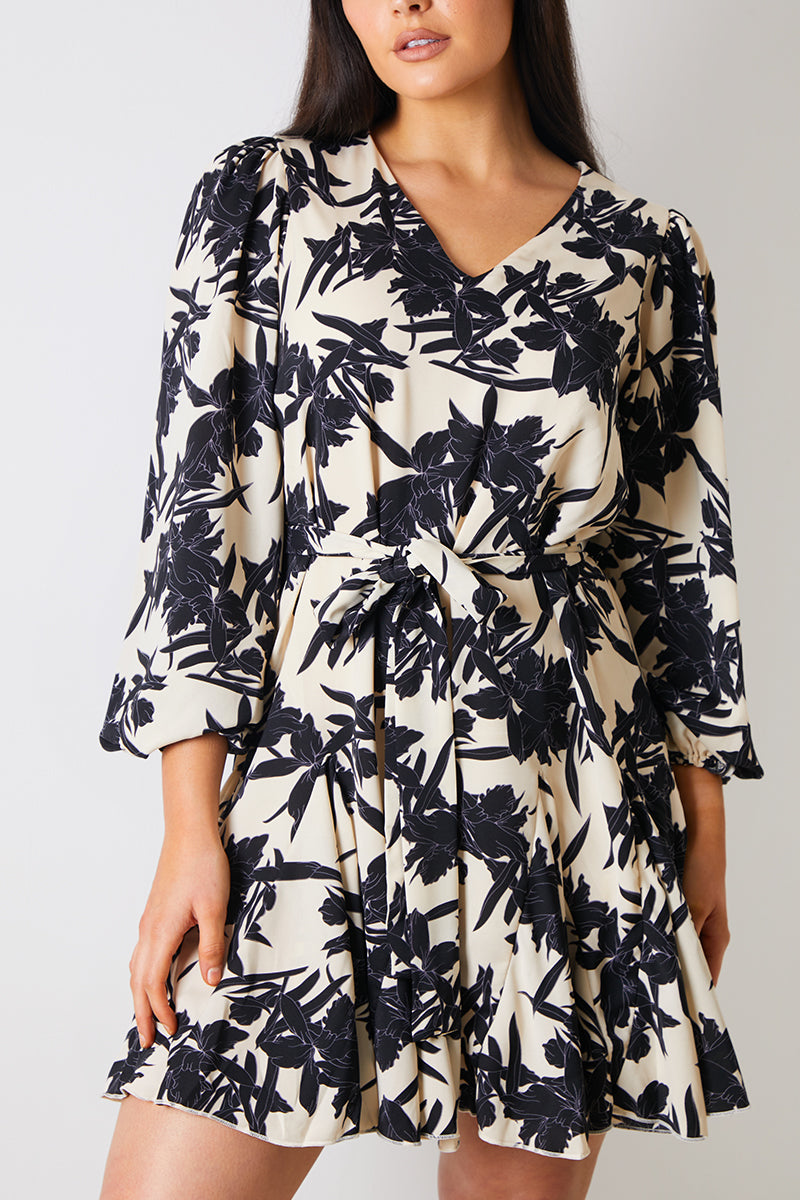 V Neck Balloon Sleeve Godet Mini Dress