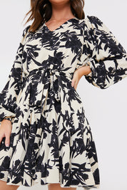 V Neck Balloon Sleeve Godet Mini Dress