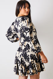 V Neck Balloon Sleeve Godet Mini Dress