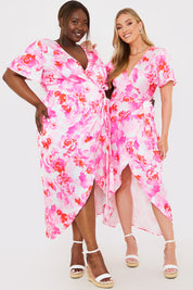 Short Sleeve Satin Wrap Belted Midaxi Dress