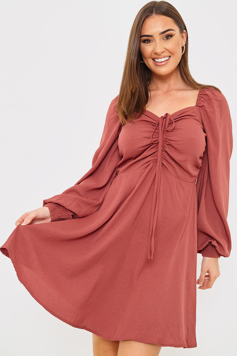 Channel Front Ruched Balloon Sleeve Shift Dress