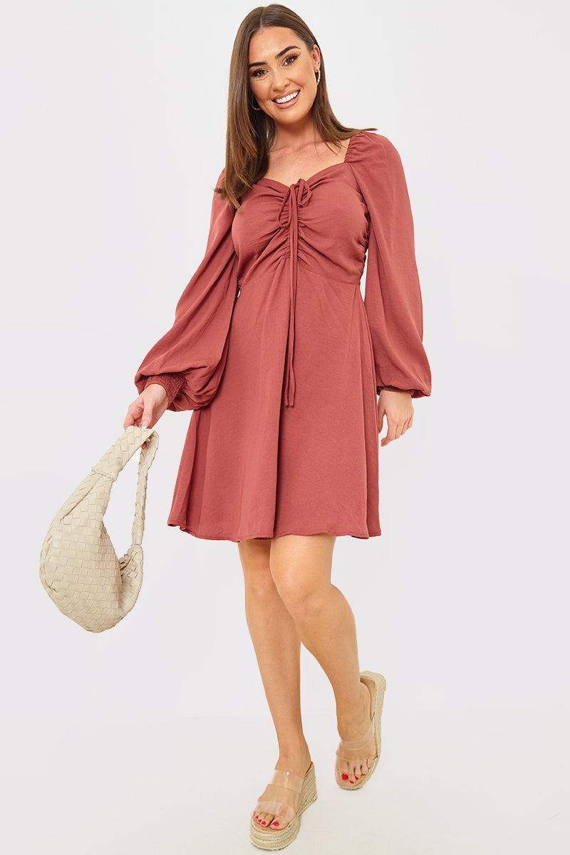 Channel Front Ruched Balloon Sleeve Shift Dress