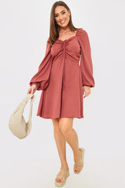 Channel Front Ruched Balloon Sleeve Shift Dress