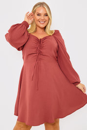 Channel Front Ruched Balloon Sleeve Shift Dress
