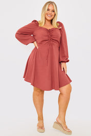 Channel Front Ruched Balloon Sleeve Shift Dress
