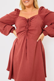 Channel Front Ruched Balloon Sleeve Shift Dress