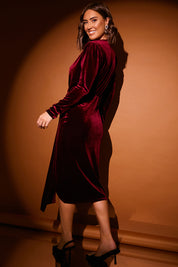 Velvet Wrap Front Drape Midi Dress