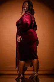 Velvet Wrap Front Drape Midi Dress