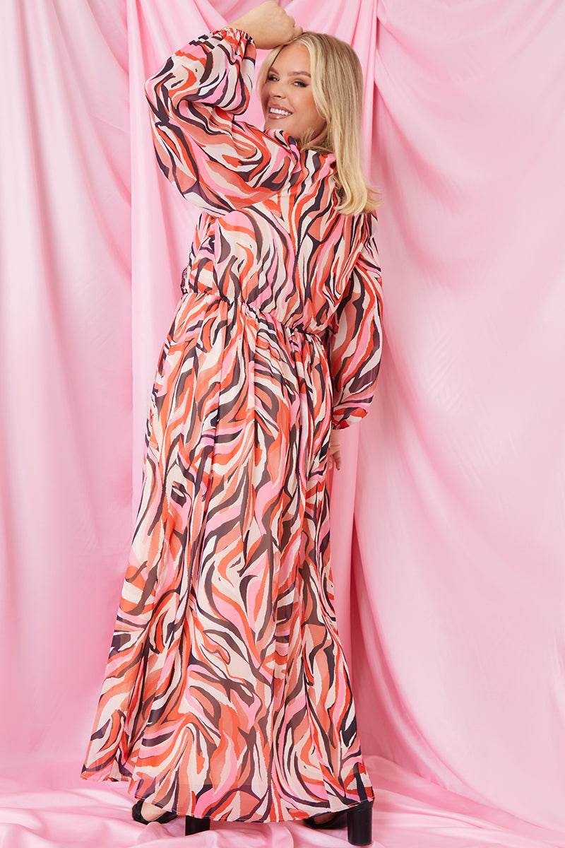 Abstract Print V Wrap Lace Trim Maxi Dress - InTheStyle