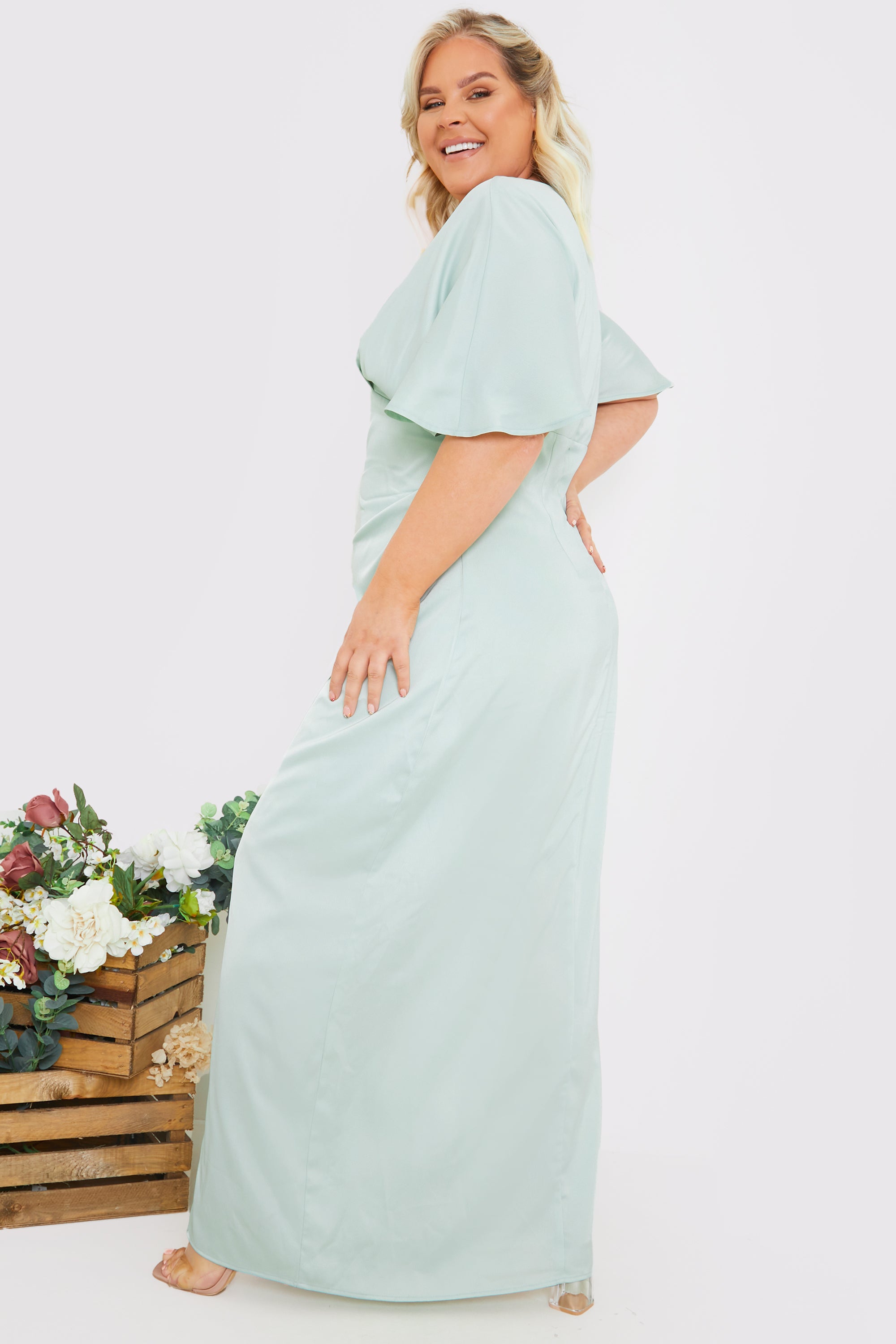 Satin Flutter Sleeve GatheSide Dress