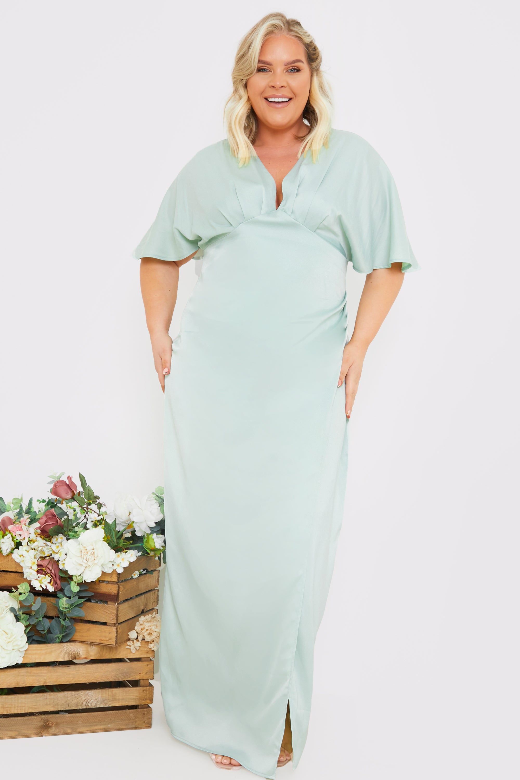 Satin Flutter Sleeve GatheSide Dress