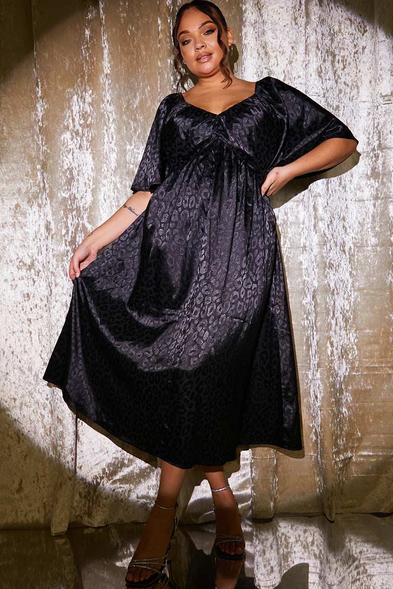 Satin Jacquard Flutter Midi Dress