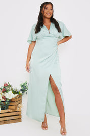 Satin Flutter Sleeve GatheSide Dress