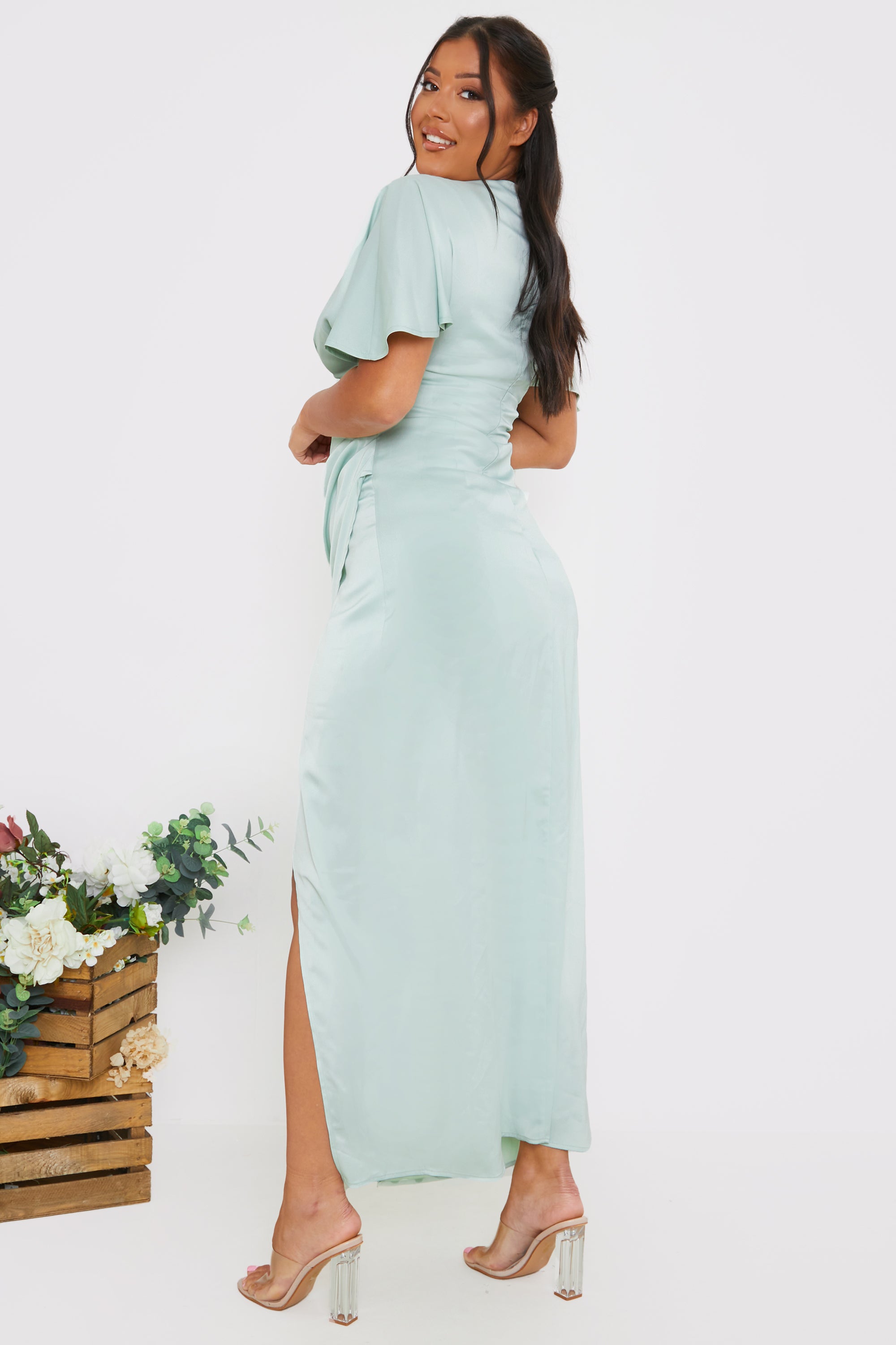 Satin Flutter Sleeve GatheSide Dress