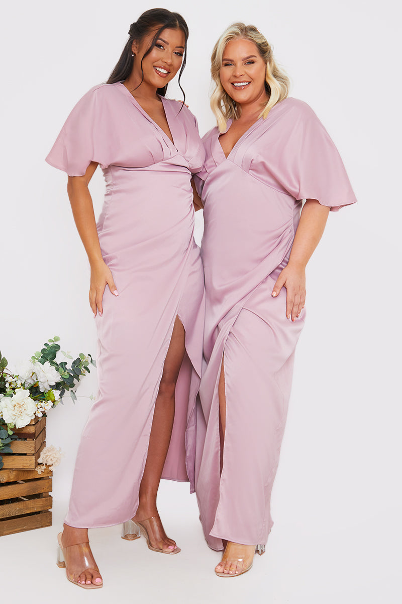 Satin Flutter Sleeve GatheSide Dress