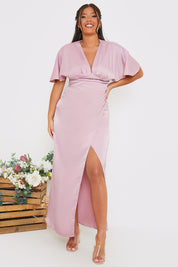 Satin Flutter Sleeve GatheSide Dress