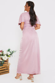 Satin Flutter Sleeve GatheSide Dress
