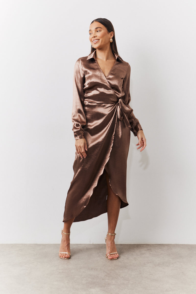 Bronze Liquid Satin Wrap Midaxi Dress – InTheStyle