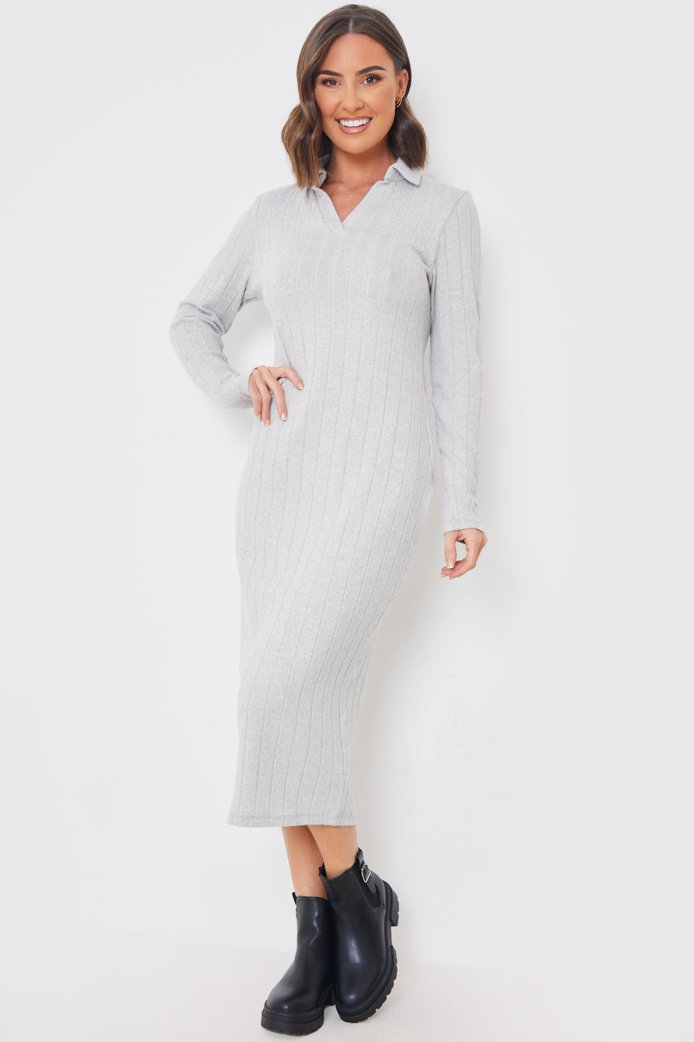Collared Brushed Rib Midi Dress