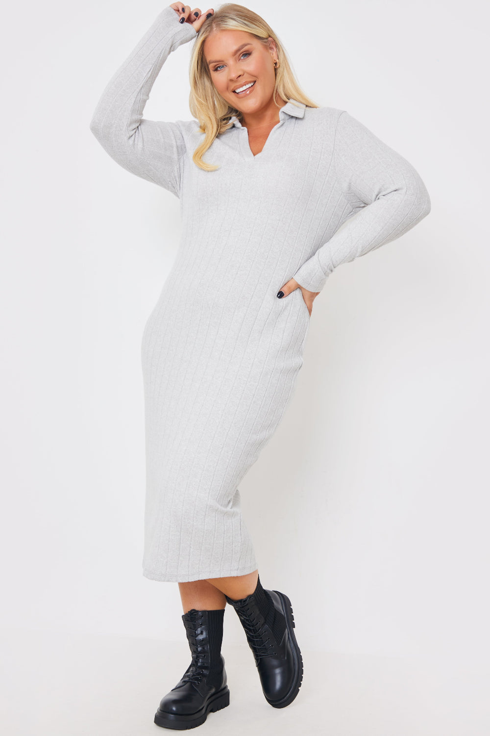 Collared Brushed Rib Midi Dress