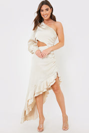 Satin Asymmetric Frill Maxi Dress