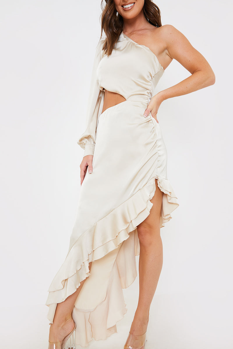 Satin Asymmetric Frill Maxi Dress