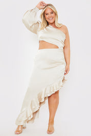 Satin Asymmetric Frill Maxi Dress