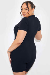 RIBBED SCULPT AND CONTROL CREW NECK SHORT SLEEVE SHORT UNITARD