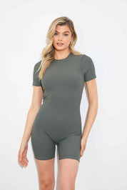 RIBBED SCULPT AND CONTROL CREW NECK SHORT SLEEVE SHORT UNITARD
