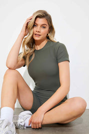 RIBBED SCULPT AND CONTROL CREW NECK SHORT SLEEVE SHORT UNITARD