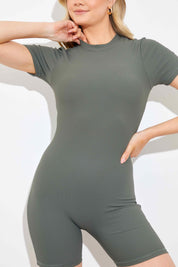 RIBBED SCULPT AND CONTROL CREW NECK SHORT SLEEVE SHORT UNITARD