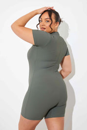 RIBBED SCULPT AND CONTROL CREW NECK SHORT SLEEVE SHORT UNITARD