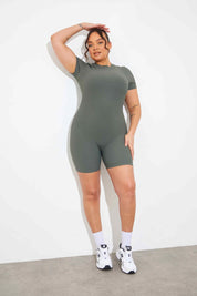 RIBBED SCULPT AND CONTROL CREW NECK SHORT SLEEVE SHORT UNITARD