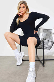 RIBBED SCULPT AND CONTROL SCOOP NECK LONG SLEEVE SHORT UNITARD