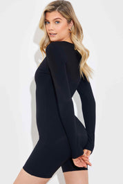 RIBBED SCULPT AND CONTROL SCOOP NECK LONG SLEEVE SHORT UNITARD