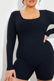 RIBBED SCULPT AND CONTROL SCOOP NECK LONG SLEEVE SHORT UNITARD
