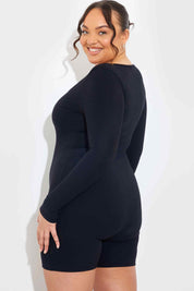 RIBBED SCULPT AND CONTROL SCOOP NECK LONG SLEEVE SHORT UNITARD