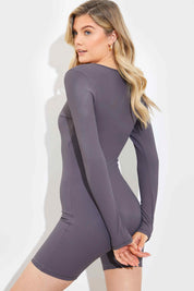 RIBBED SCULPT AND CONTROL SCOOP NECK LONG SLEEVE SHORT UNITARD