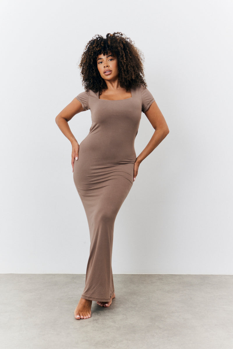 cap sleeve brown dress Oh Polly long sleeve bodycon hot fix embellished maxi dress in brown