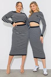 Rib Knit Stripe High Waisted Co-Ord Midi Skirt