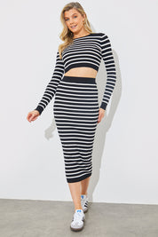 Rib Knit Stripe High Waisted Co-Ord Midi Skirt
