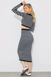 Rib Knit Stripe High Waisted Co-Ord Midi Skirt