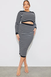 Rib Knit Stripe High Waisted Co-Ord Midi Skirt