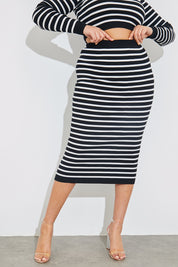 Rib Knit Stripe High Waisted Co-Ord Midi Skirt