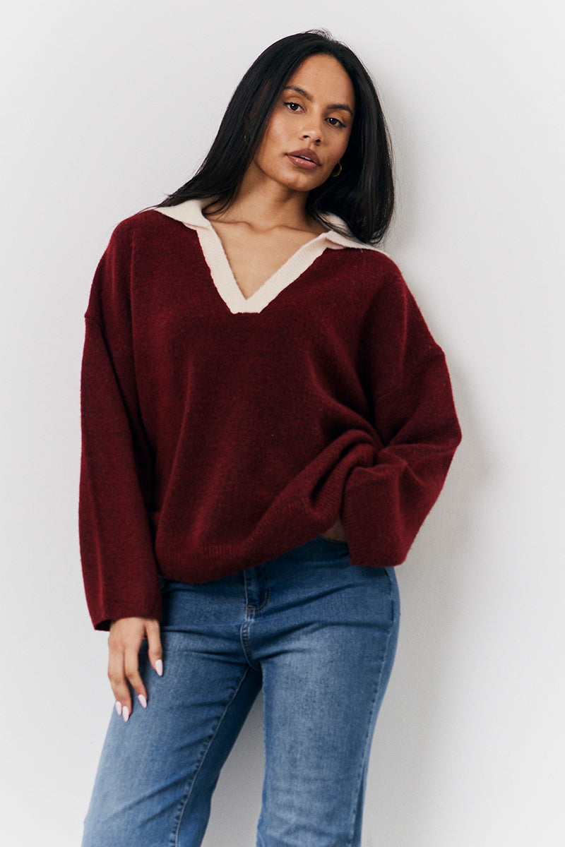 Burgundy 90's Collared Knitted Rugby Sweater