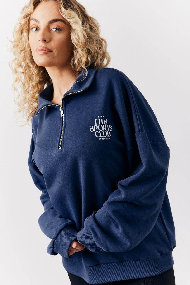 Navy Fits Sports Club Graphic Oversized Half Zip Co-Ord Sweatshirt
