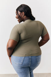 Khaki Ribbed Crew Neck Short Sleeve Top